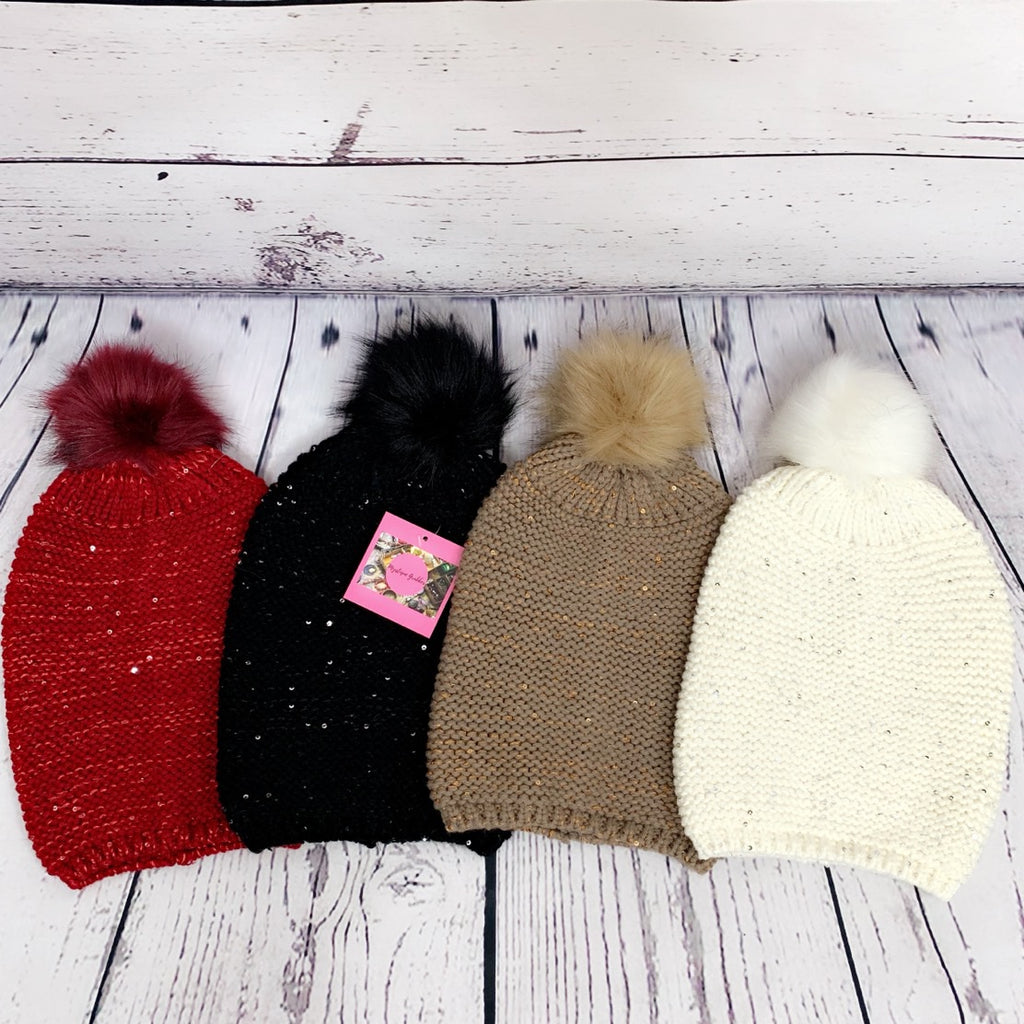 "Baby It's Cold Outside" Sequin Accent Pom Pom Beanie - Wine