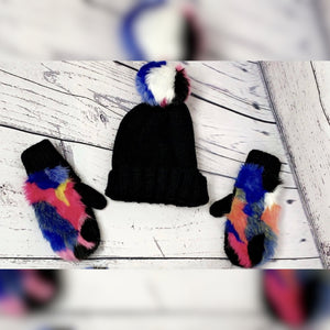 Furry Multicolor Faux Fur Women's 2 piece Pom Beanie and Glove Set