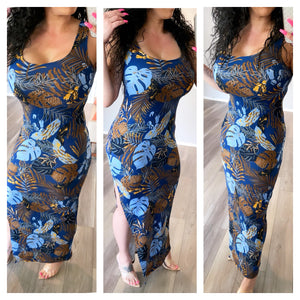 Tropical Leaf Print Slit Maxi Dress - Blue (Small)