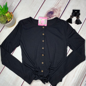 Button Down Knotted Long Sleeve Top - Black (Medium)
