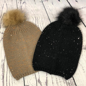 "Baby It's Cold Outside" Sequin Accent Pom Pom Beanie - Mocha