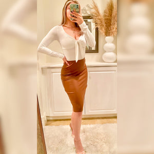 Edgy Brown Faux Leather Pencil Skirt