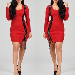 Juliana Long Sleeve Lace Me Up Dress (Red) - Plus Size