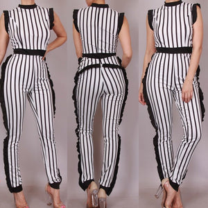 Cardi Striped Ruffle Detail Jumpsuit - Plus Size 1XL (White)