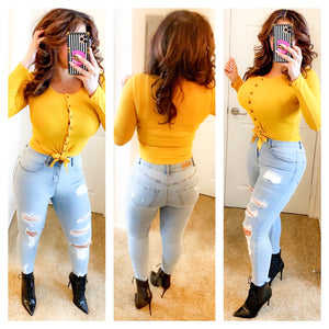 Button Down Knotted Long Sleeve Top - Mustard (S&L)
