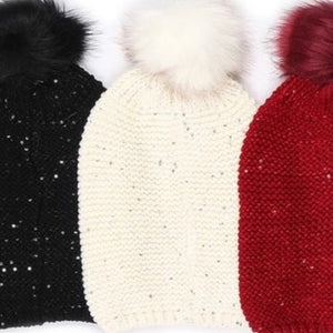 "Baby It's Cold Outside" Sequin Accent Pom Pom Beanie - Ivory