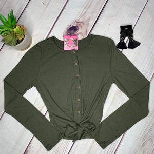 Button Down Knotted Long Sleeve Top - Olive (S&M)