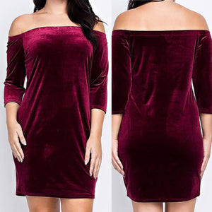Rose Off The Shoulder 3/4 Sleeve Velvet Dress - Plus Size